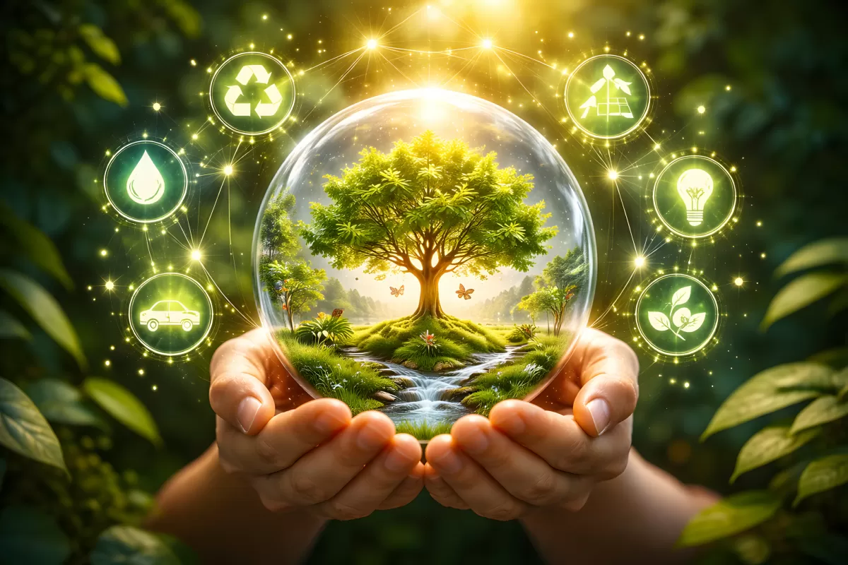 Hände halten Glaskugel mit Baum und Öko-Symbolen