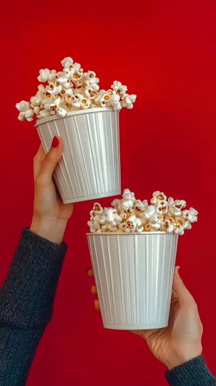 Hände halten Popcorn-Becher vor rotem Hintergrund