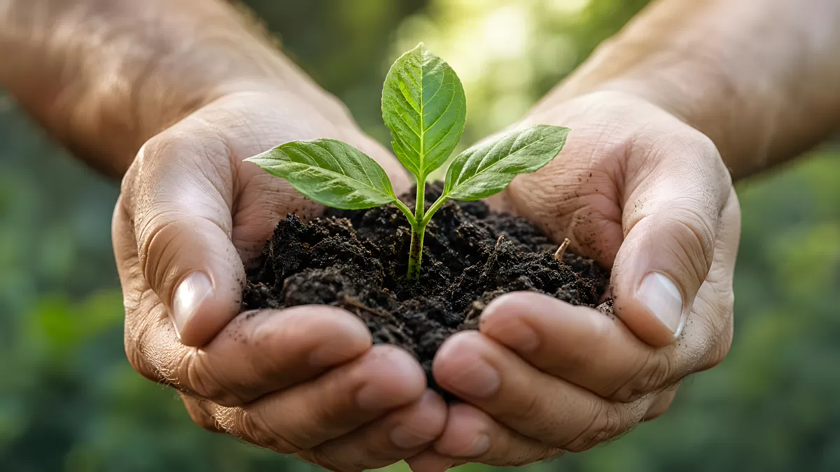 Hände halten Setzling mit Erde – Naturschutz