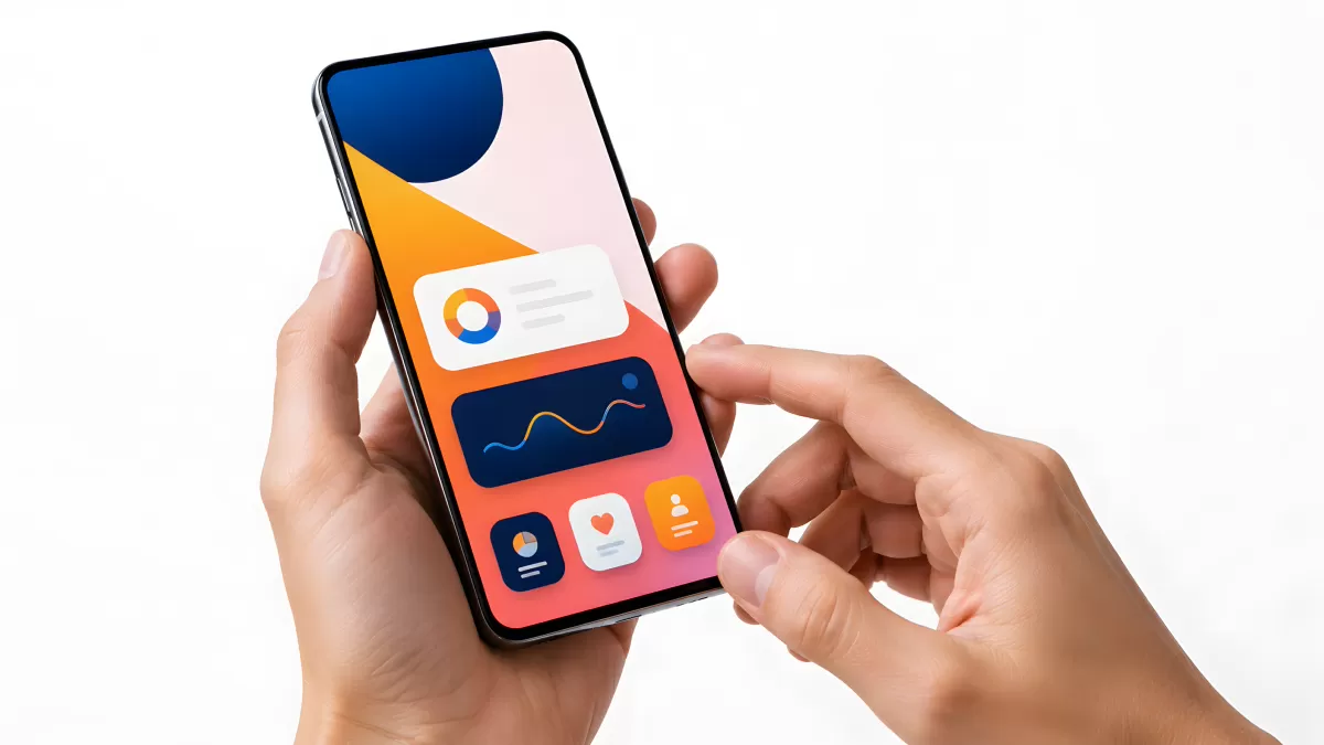 Hände halten Smartphone mit buntem App-Interface