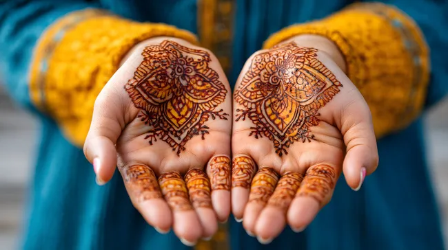 Hände mit detailreichen Henna-Mustern in Nahaufnahme