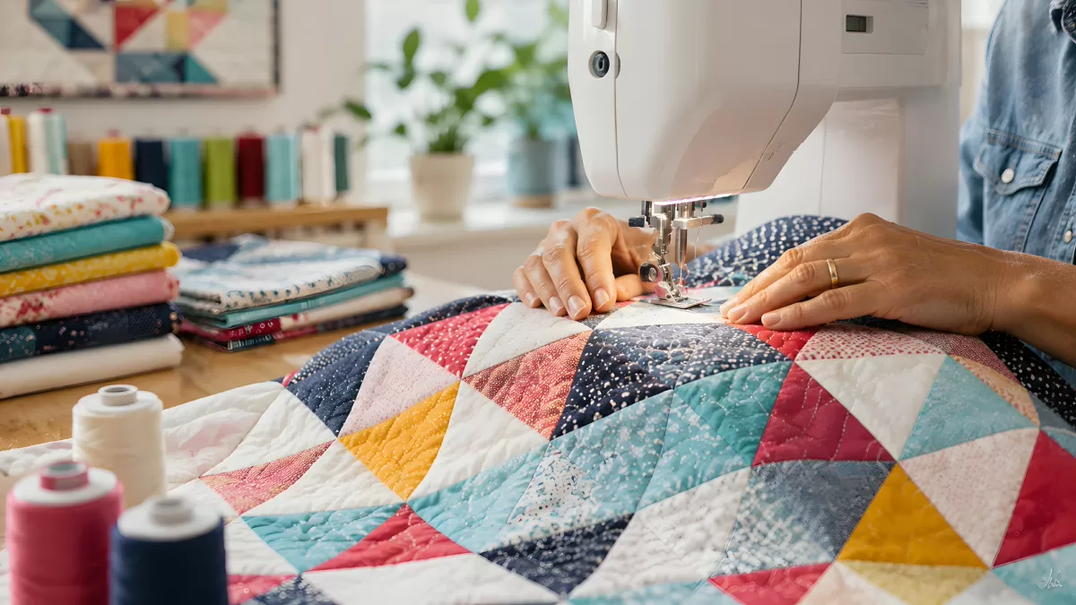 Hände nähen buntes Dreieck-Patchwork an Nähmaschine
