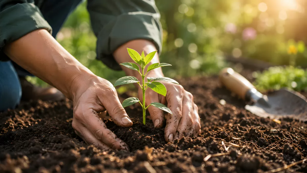 Hände pflanzen einen Setzling in dunkle Gartenerde