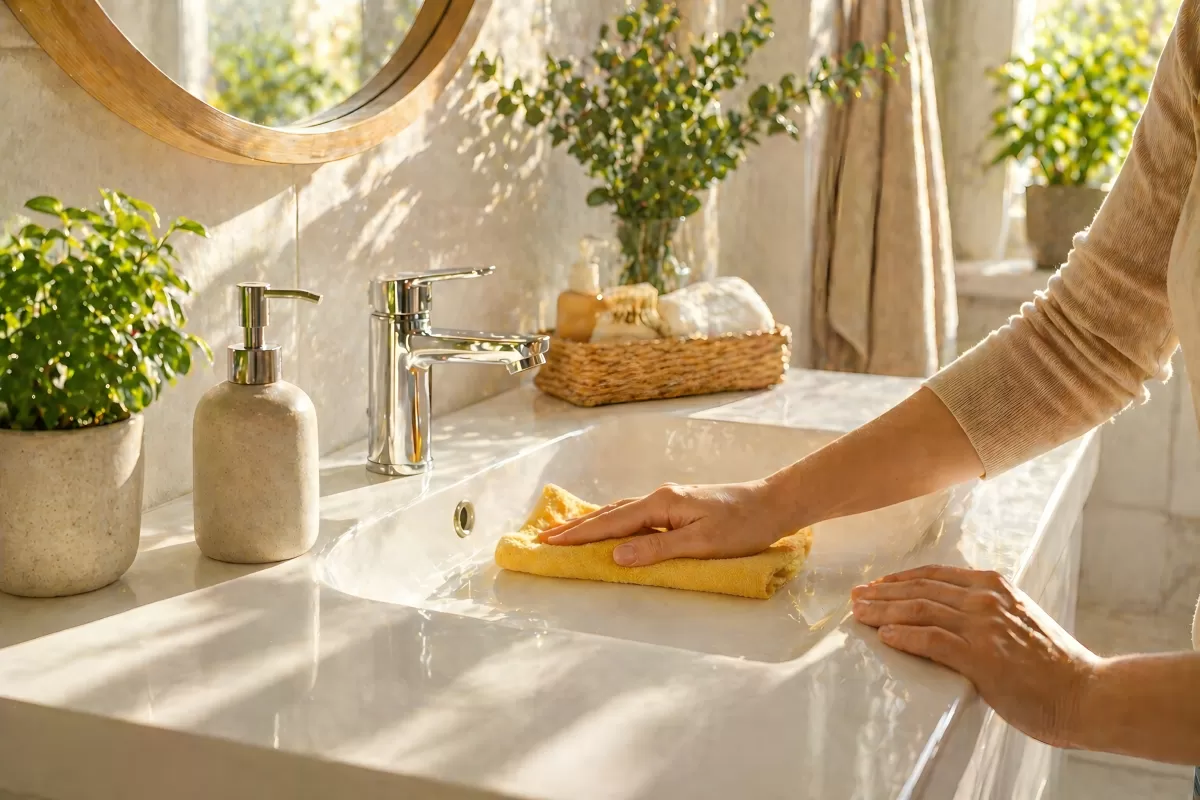 Hände reinigen weißes Waschbecken im hellen Badezimmer