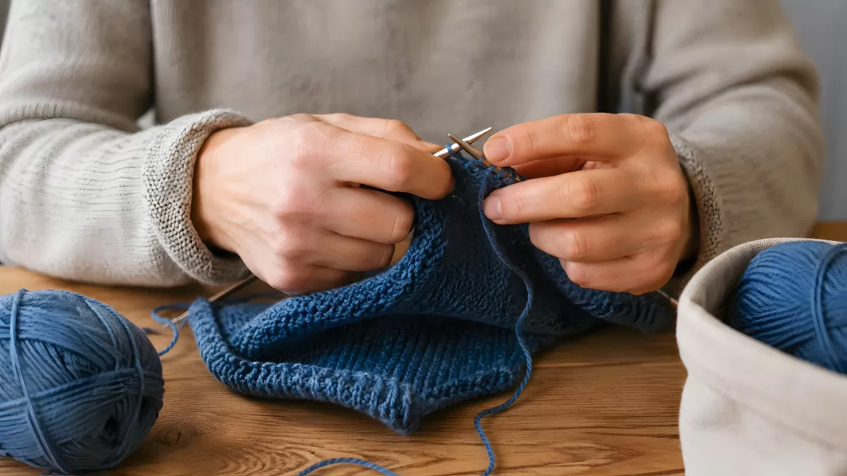 Hände stricken blaues Wollprojekt auf Holztisch