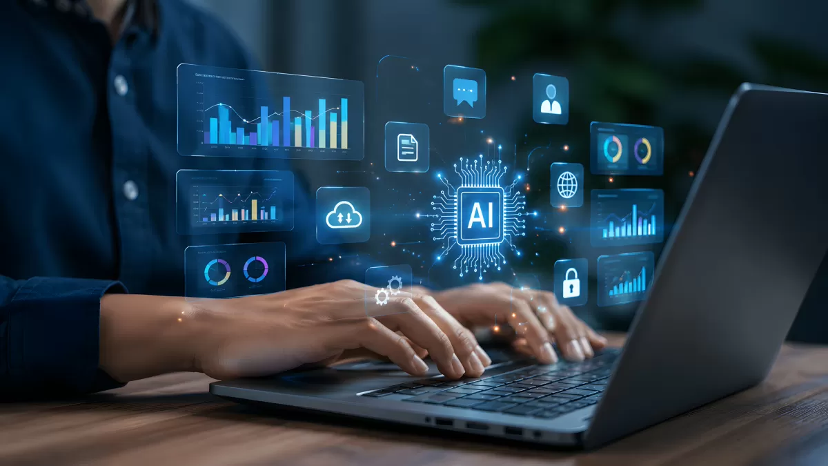 Hände tippen auf Laptop mit KI-Technologie-Symbolen
