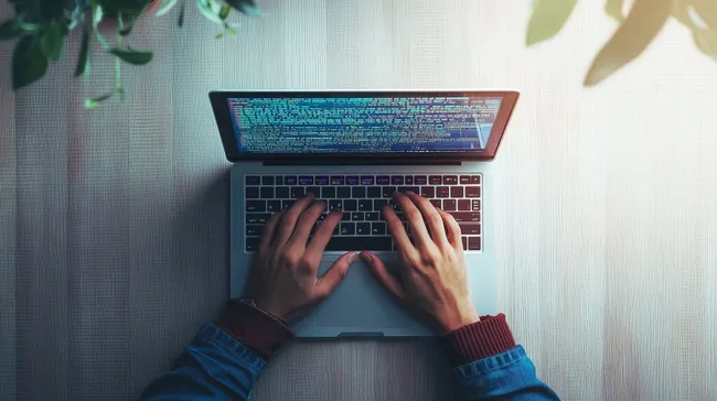Hände tippen auf Laptop mit Programmiercode