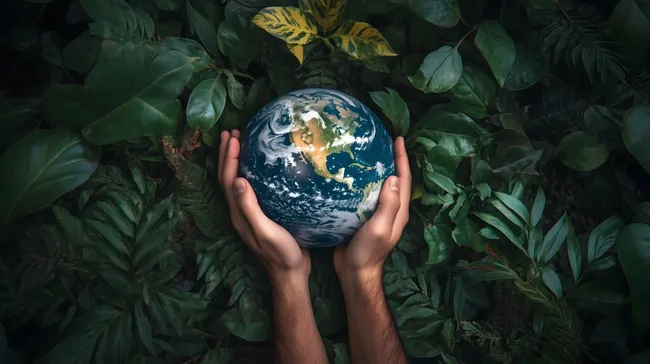 Hände umfassen den Globus umgeben von Blättern