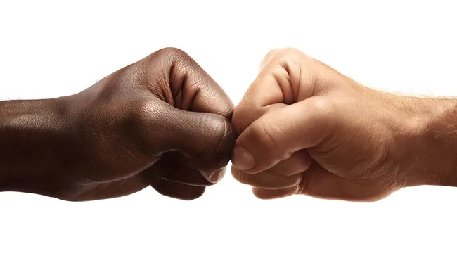 Hände verschiedener Hautfarben stoßen zusammen