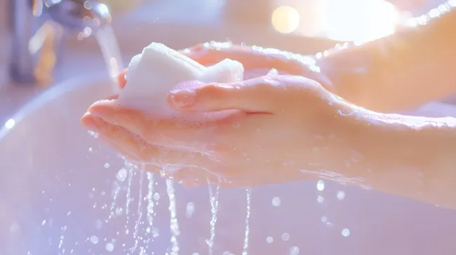 Hände waschen mit Seife und klarem Wasser