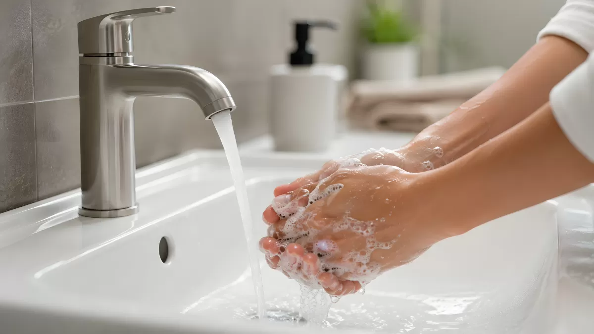 Hände waschen mit Seifenschaum am Waschbecken
