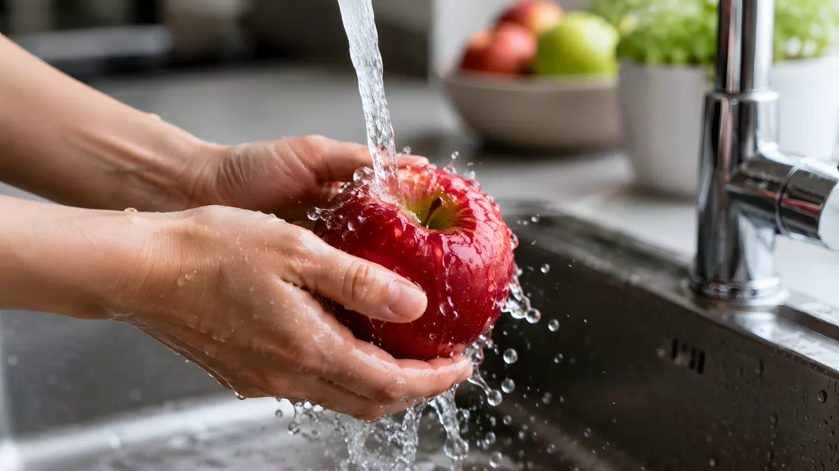Hände waschen roten Apfel unter fließendem Wasser