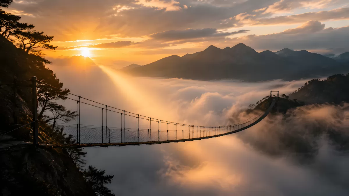 Hängebrücke über Wolkenmeer bei goldenem Sonnenaufgang