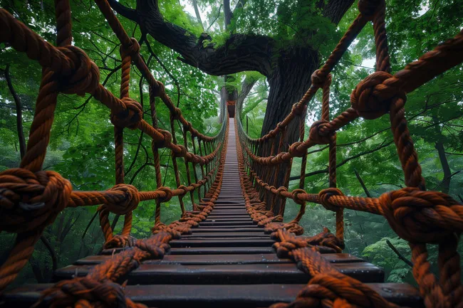 Hängende Holzbrücke im Wald