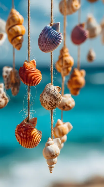 Hängende Muschelwindspiele im Sonnenlicht