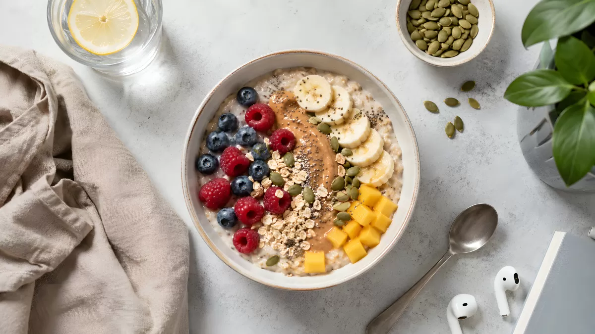 Haferbrei-Bowl mit Beeren, Mango und Nussmus