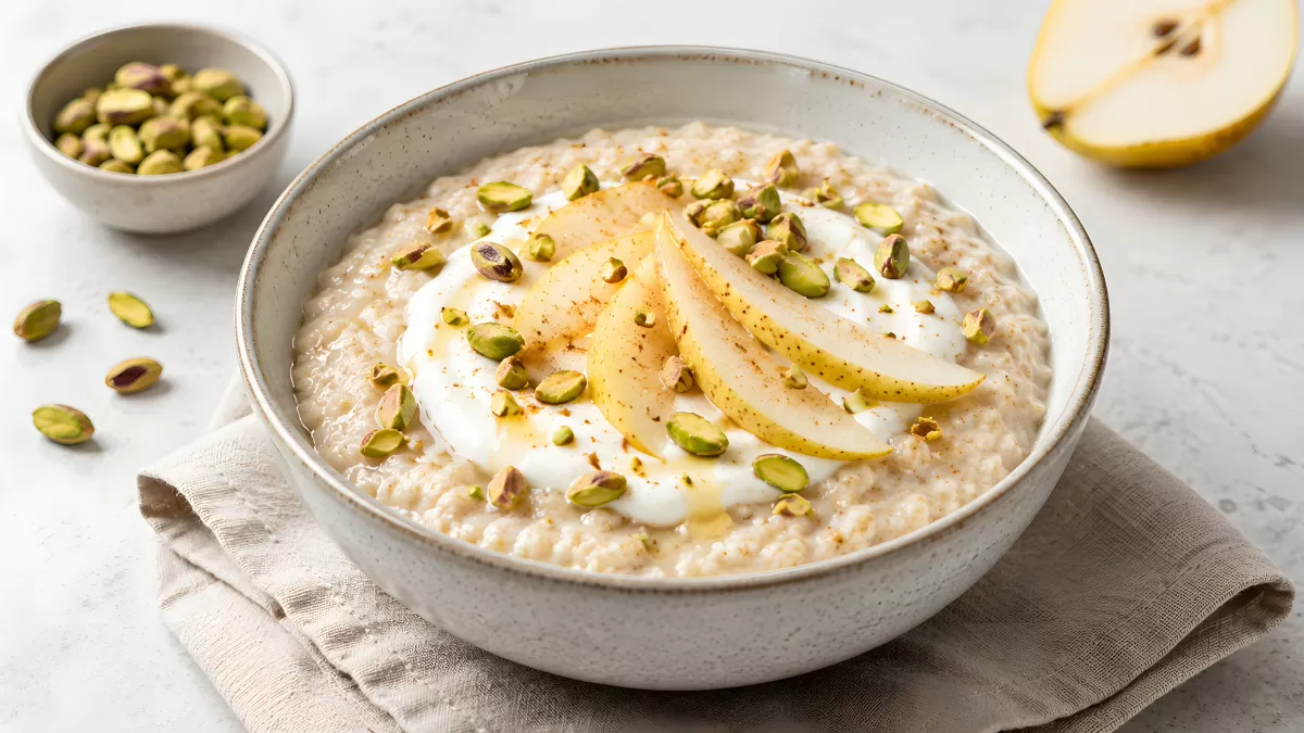 Haferbrei mit Birne, Joghurt und Pistazien