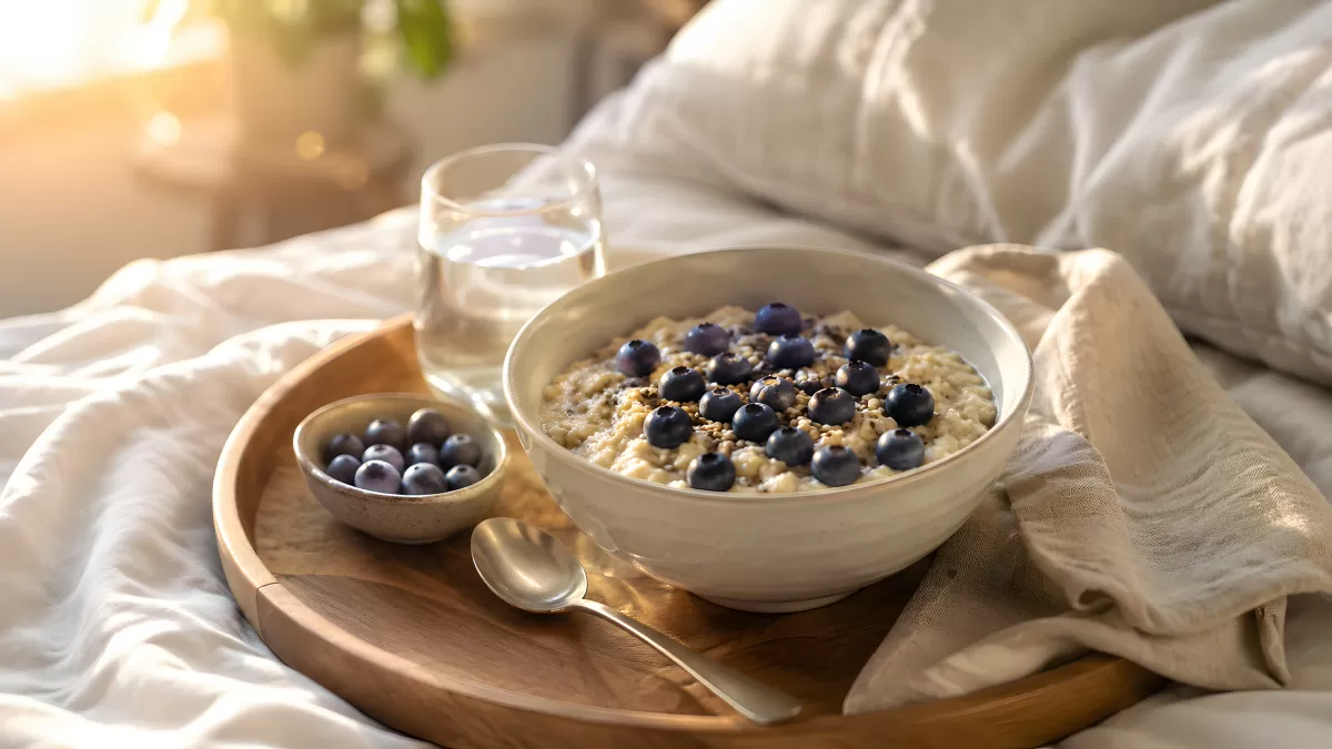 Haferbrei mit Blaubeeren auf Holztablett im Bett
