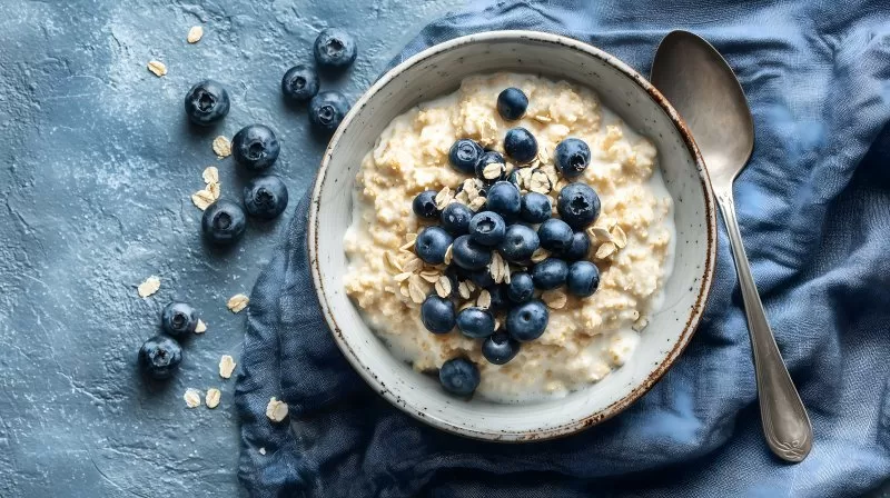 Haferbrei mit Blaubeeren von oben