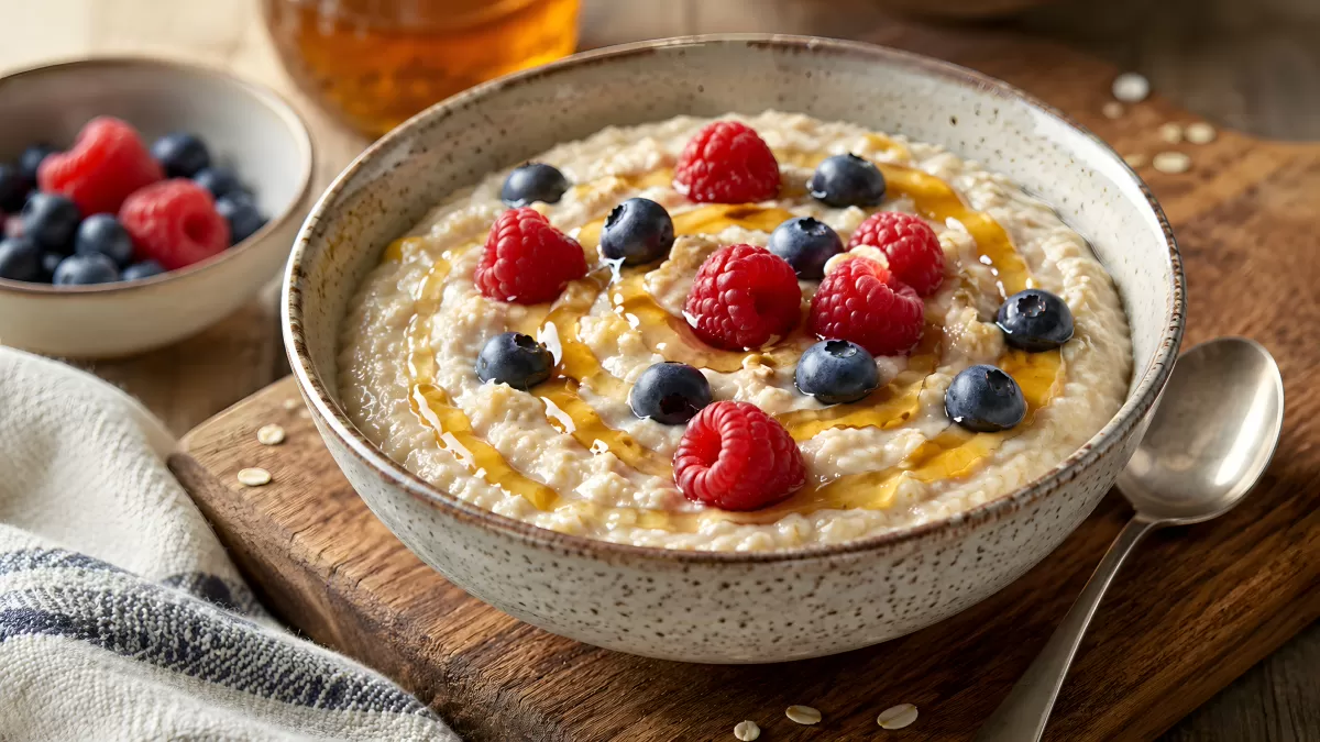 Haferbrei mit Himbeeren, Blaubeeren und Honig