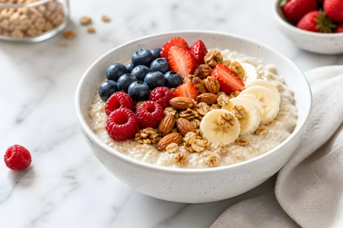 Haferflocken-Bowl mit Beeren, Banane und Nüssen