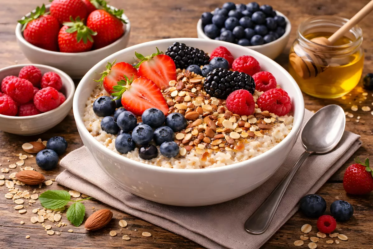 Haferflocken-Bowl mit frischen Beeren und Honig