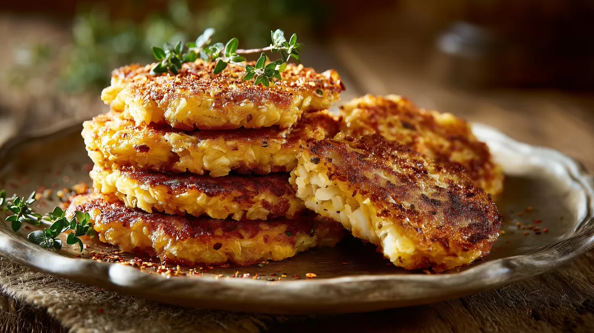 Haferflocken Käse Bratlinge goldbraun gebraten auf Teller