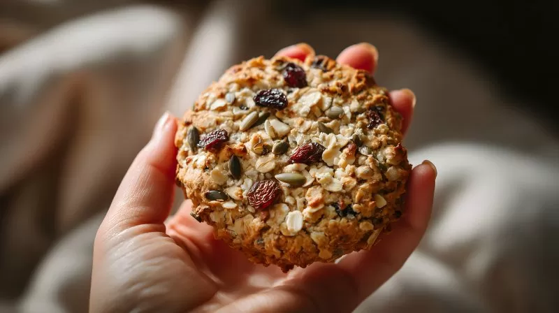 Haferkeks mit Kernen und Rosinen in Hand gehalten