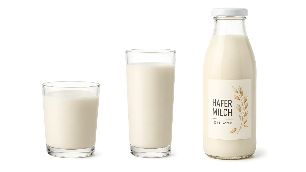Hafermilch in Gläsern und Flasche vor weißem Hintergrund