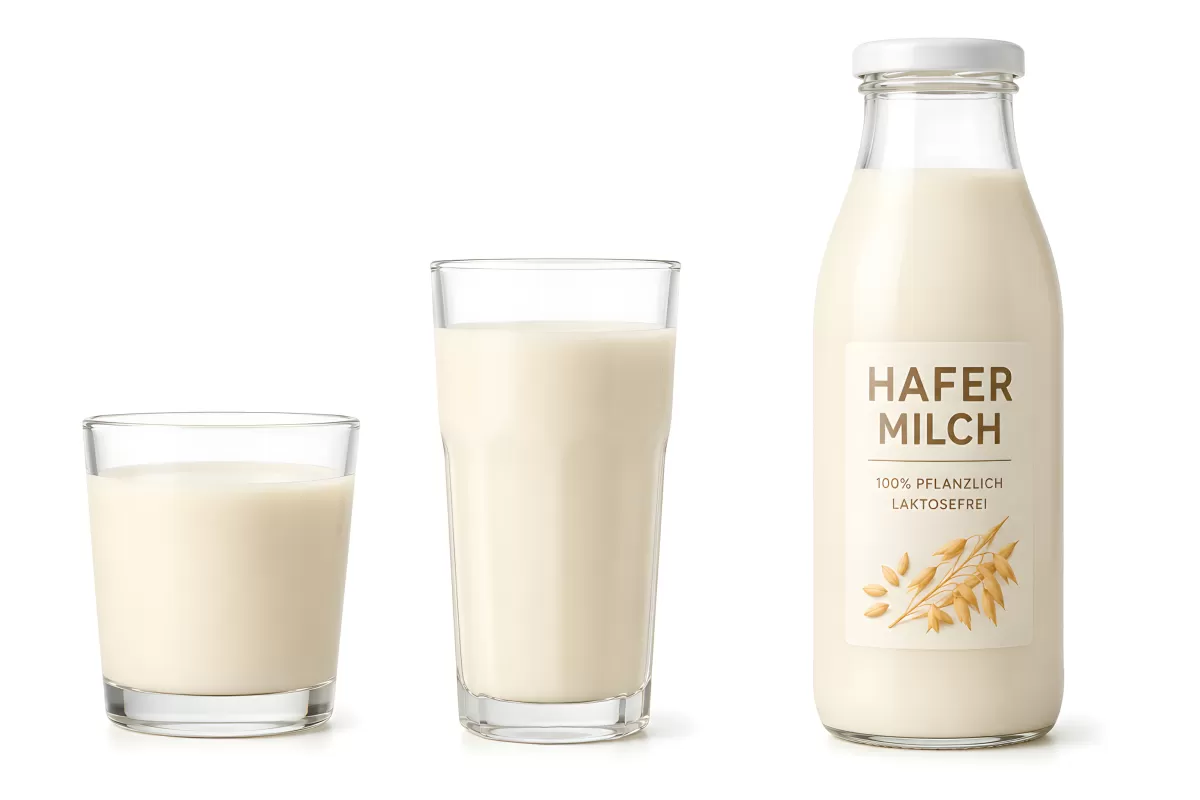 Hafermilch in Gläsern und Glasflasche vor weißem Hintergrund