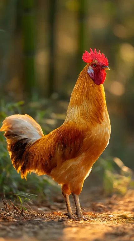 Hahn im warmen Abendlicht in Waldumgebung