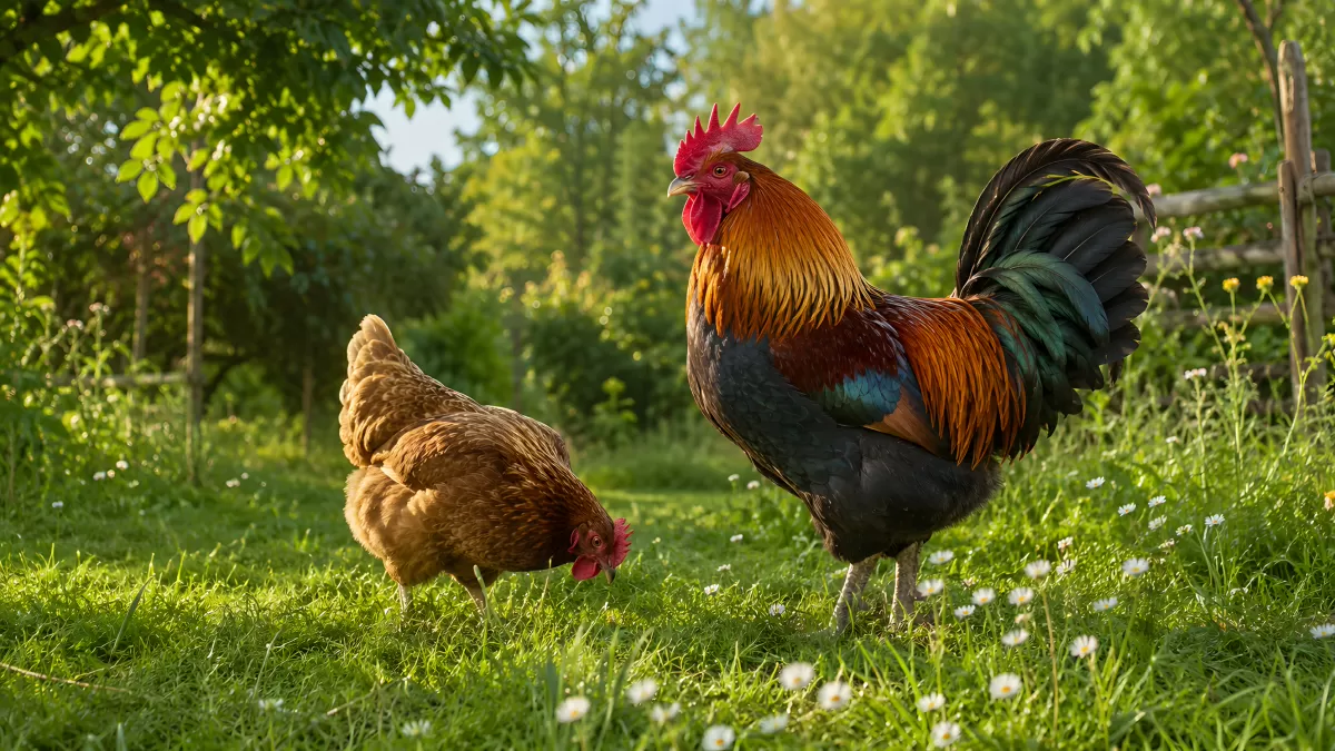 Hahn und Henne auf grüner Wiese im Sonnenlicht