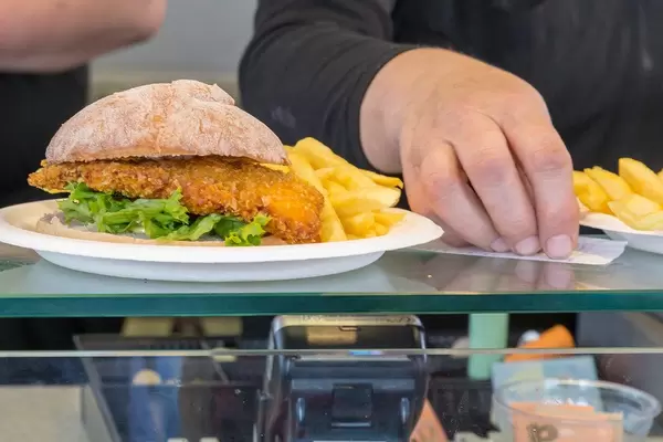 Hähnchenfilet-Burger im Knuspermantel mit Salat und Pommes Frites auf einer Glastheke