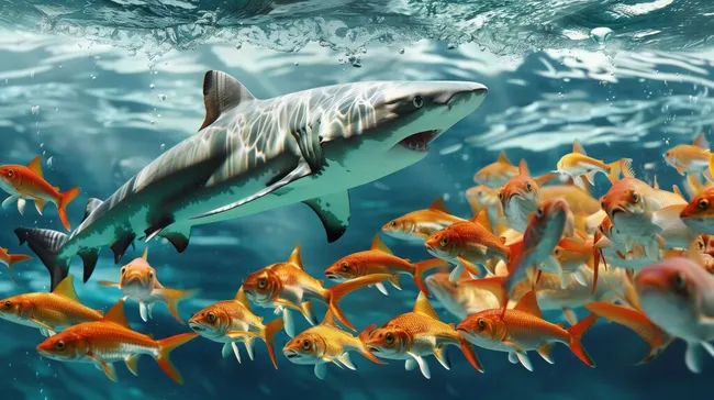 Haifisch jagt Fischschwarm in Unterwasserwelt