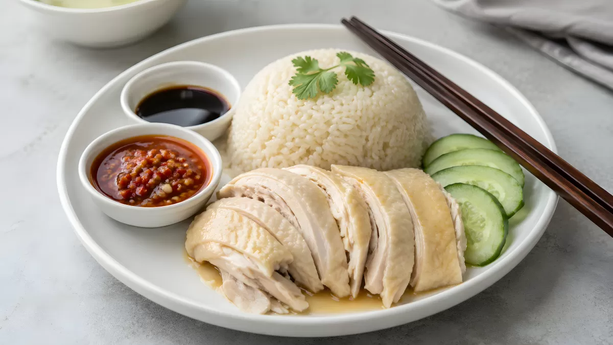 Hainanese Chicken Rice auf weißem Teller serviert