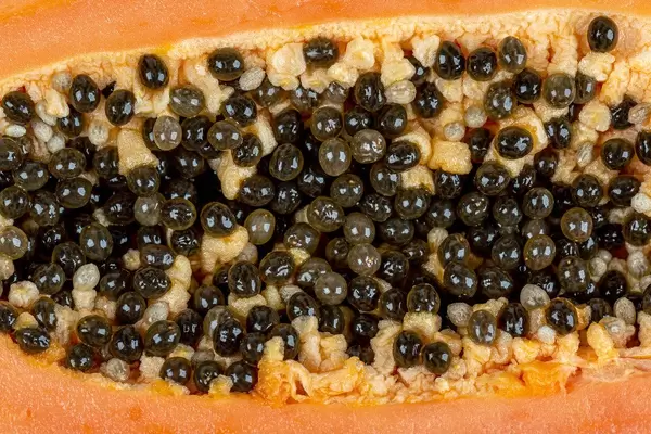Half of ripe papaya fruit with seeds, close up