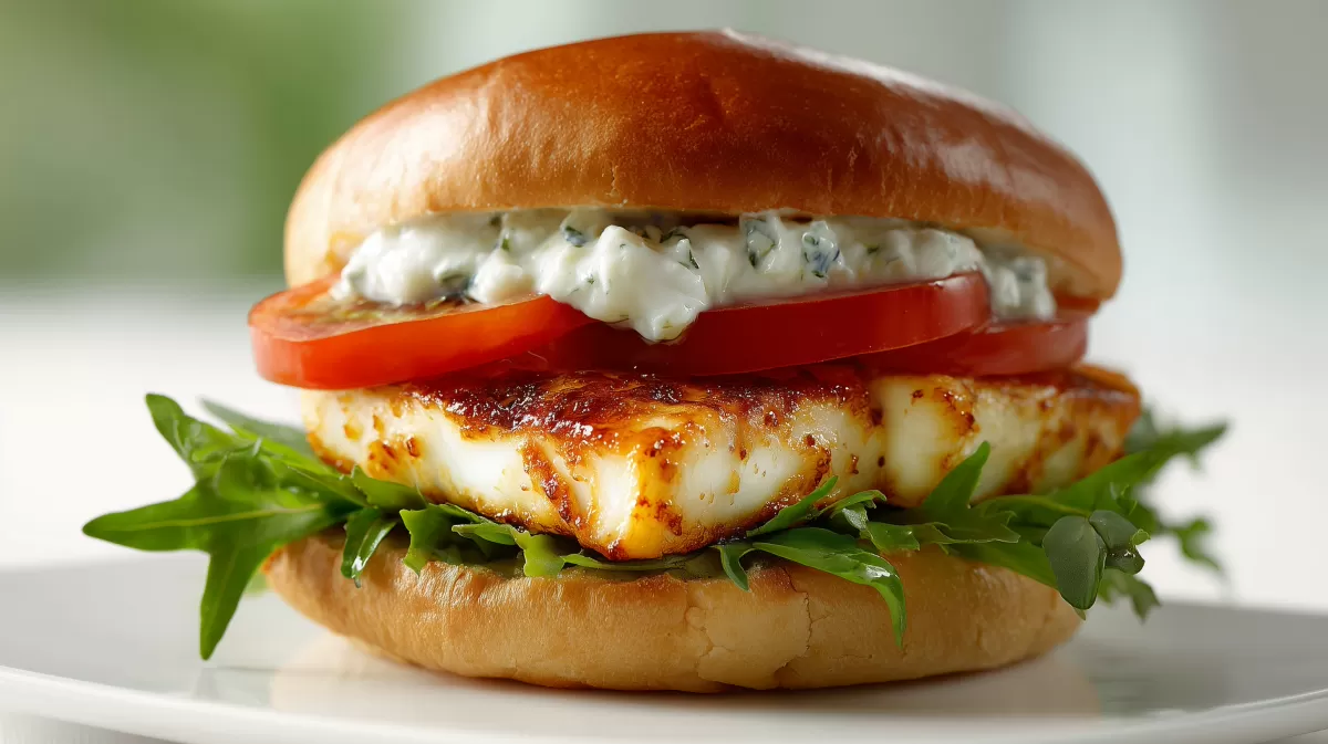 Halloumi Burger mit Rucola, Tomate und Kräutersoße