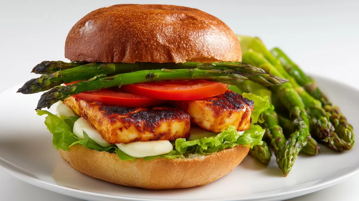 Halloumi Burger mit Spargel auf weißem Teller