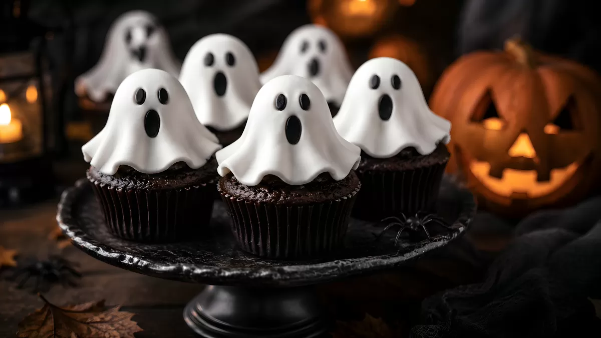 Halloween-Cupcakes mit Geister-Fondant auf schwarzem Tablett