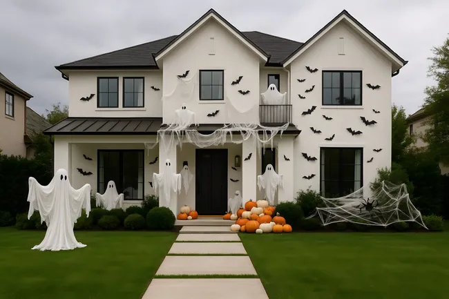 Halloween-Deko mit Gespenstern und Kürbissen vor Landhaus