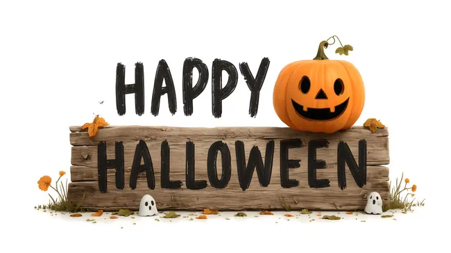 Halloween-Deko mit Kürbis und Geistern auf Holzschild