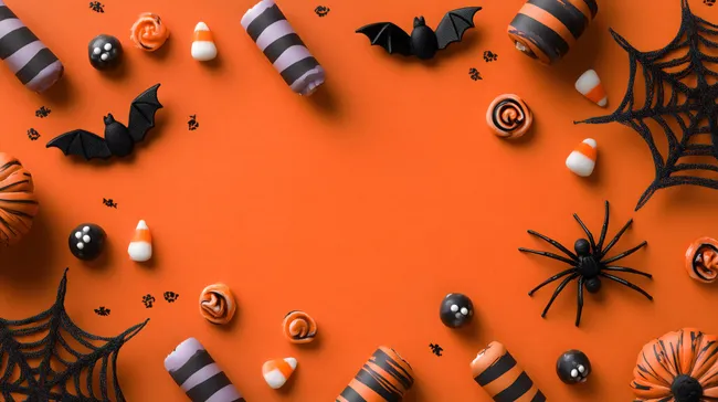 Halloween-Dekoration mit Kürbis und Spinnennetz auf orangem Hintergrund