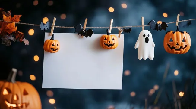 Halloween-Dekorationen mit Kürbissen und Geistern an Wäscheleine kostenlos herunterladen