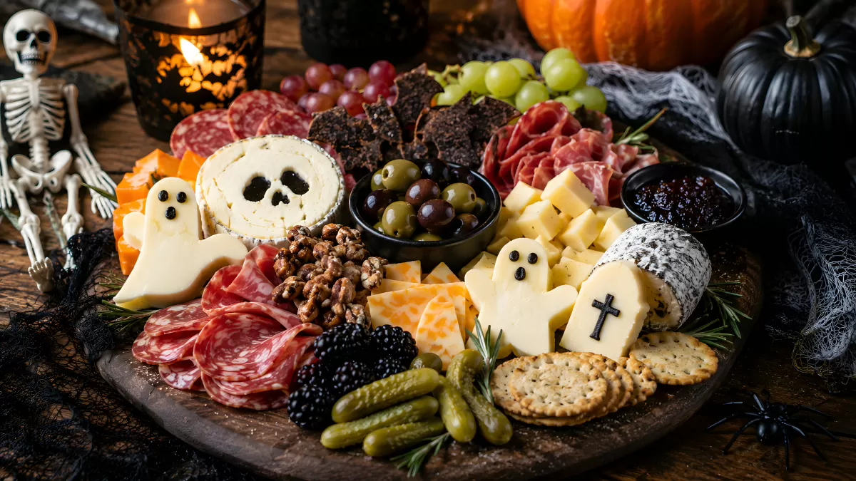 Halloween-Käseplatte mit Geistern und Grusel-Deko