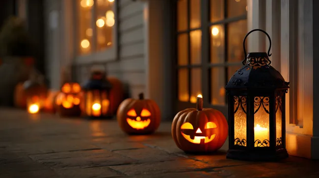 Halloween-Kürbislaternen im stimmungsvollen Licht