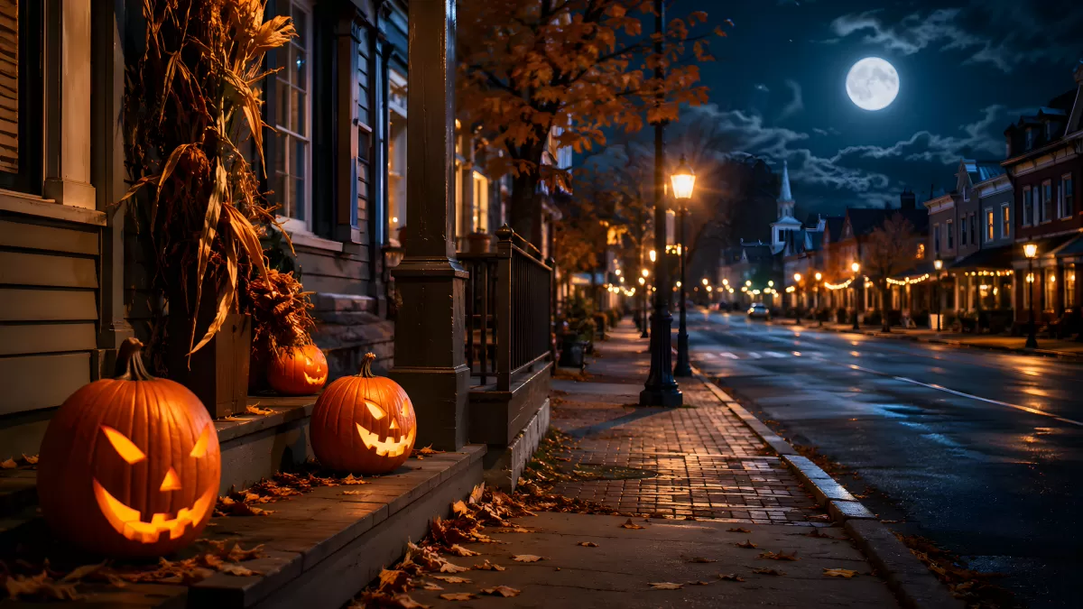 Halloween-Nacht in einer stimmungsvollen Kleinstadt