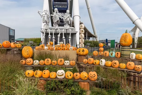 Halloween season at Navy Pier: many spooky pumpkins with different faces and skeletons