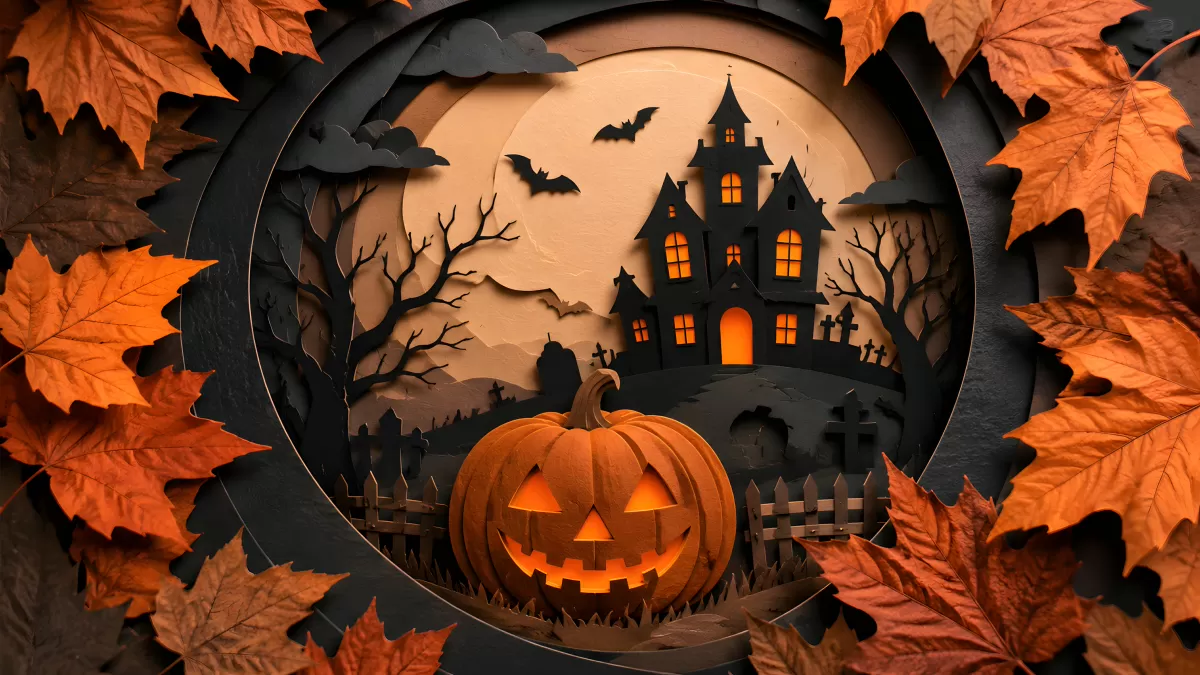 Halloween-Szene mit Kürbis und Geisterhaus im Herbst
