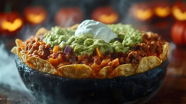Halloween-Taco-Dip mit cremiger Guacamole