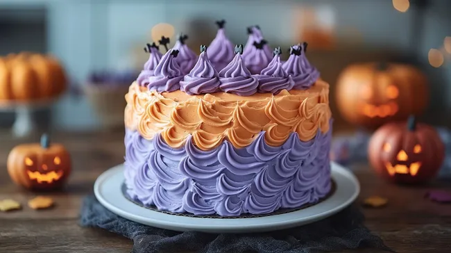 Halloween-Torte mit lila und oranger Verzierung